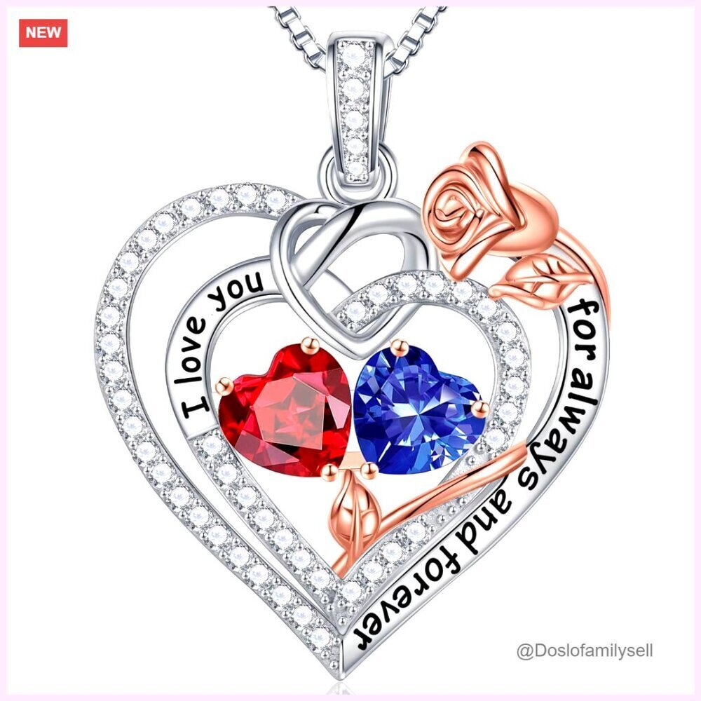 Sterling Silver Double Birthstone Heart Pendant Necklace Elegant Minimal Jewelry